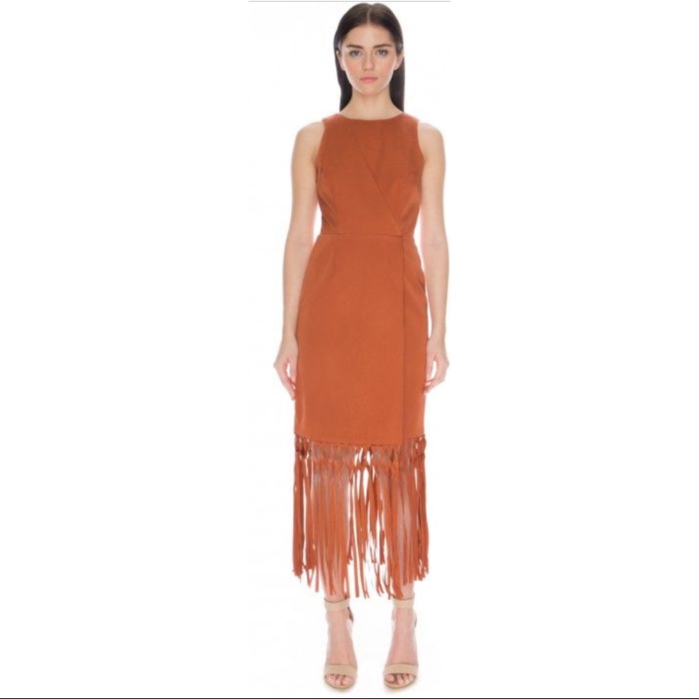 KEEPSAKE the Label Rust Orange Sleeveless Fringe Midi Dress